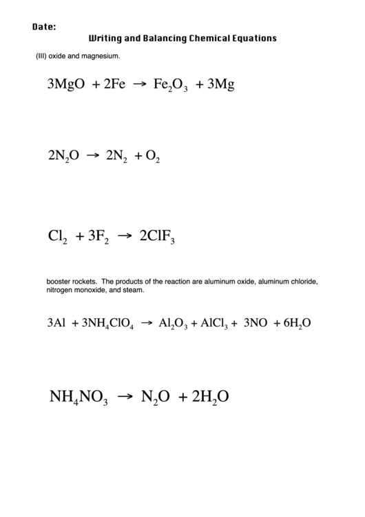 Writing And Balancing Chemical Equations Printable Pdf Download