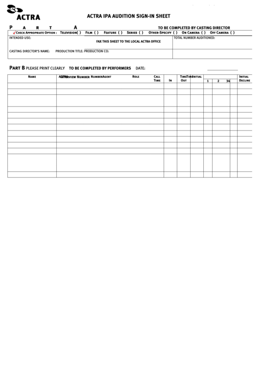 Actra Ipa Audition Sign-In Sheet Printable pdf