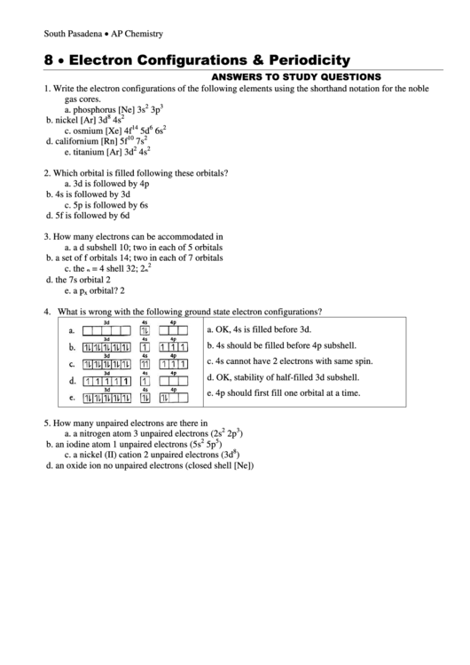 Electron Configurations Periodicity Questions And Answers Printable 