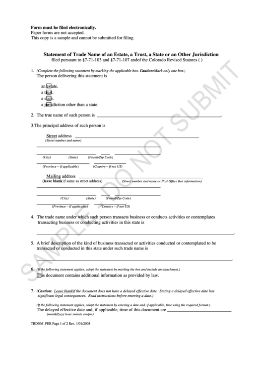Statement Of Trade Name Of An Estate A Trust A State Or An Other Jurisdiction Printable pdf
