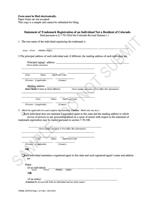 Statement Of Trademark Registration Of An Individual Not A Resident Of Colorado Printable pdf
