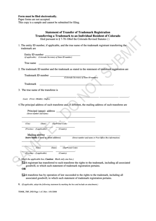 Statement Of Transfer Of Trademark Registration Transferring A Trademark To An Individual Resident Of Colorado Printable pdf