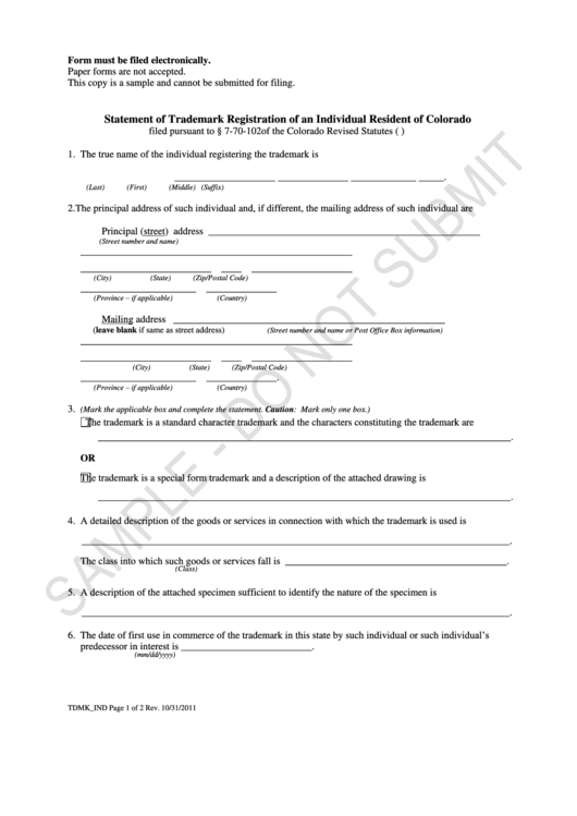 Statement Of Trademark Registration Of An Individual Resident Of Colorado Printable pdf