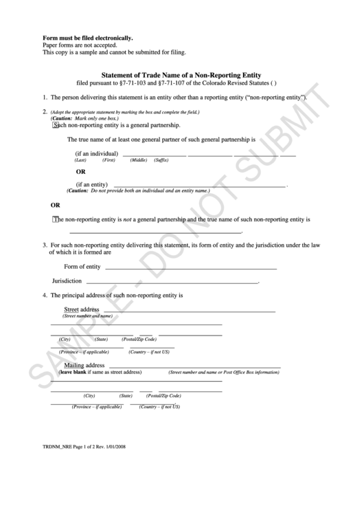 Statement Of Trade Name Of A Non Reporting Entity Printable pdf