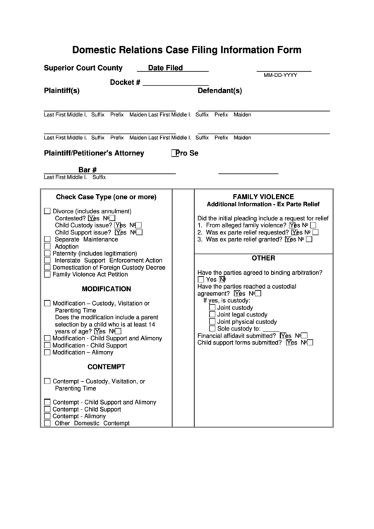 Fillable Domestic Relations Case Filing Information Form Printable pdf