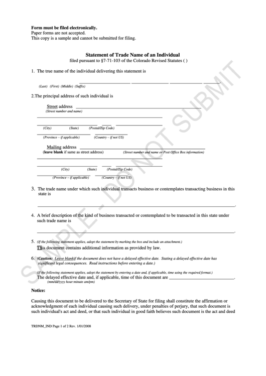 Statement Of Trade Name Of An Individual Printable pdf
