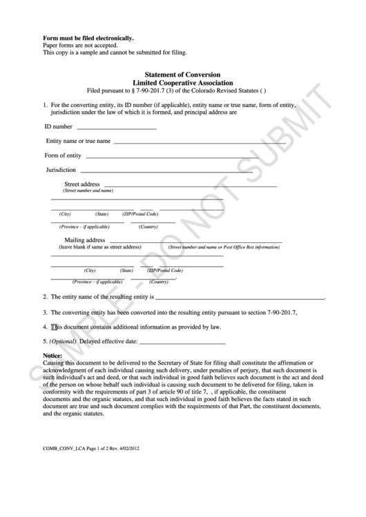 Statement Of Conversion Limited Cooperative Association Printable pdf