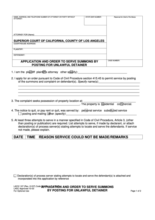 Fillable Form Laciv 107 - Application And Order To Serve Summons By Posting For Unlawful Detainer - County Of Los Angeles Printable pdf