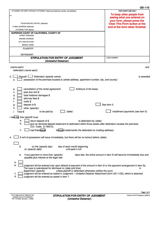 Fillable Form Ud-115 - Stipulation For Entry Of Judgment (Unlawful Detainer) Printable pdf