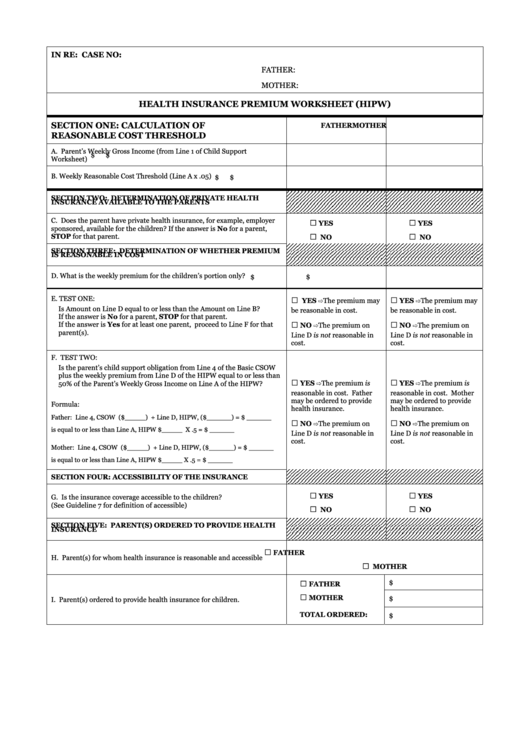 Fillable Health Insurance Premium Worksheet Printable pdf