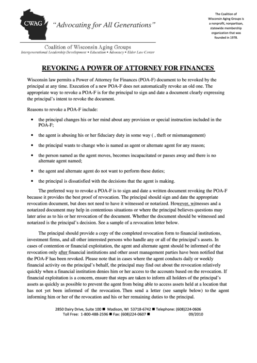 Fillable Revoking A Power Of Attorney For Finances Printable pdf