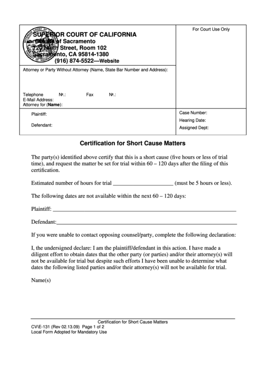 Fillable Certification For Short Cause Matters Printable pdf