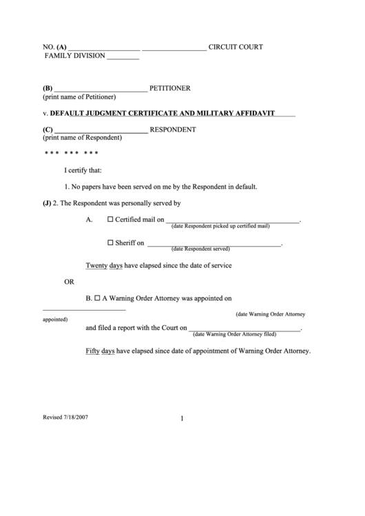 Default Judgment Certificate And Military Affidavit Printable pdf