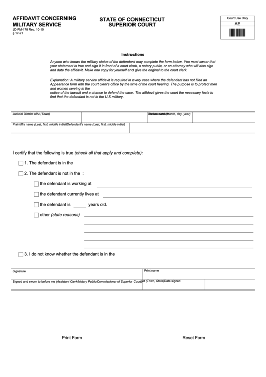 Fillable Form Jd-Fm-178 (Rev. 10-10) - Affidavit Concerning Military Service Printable pdf
