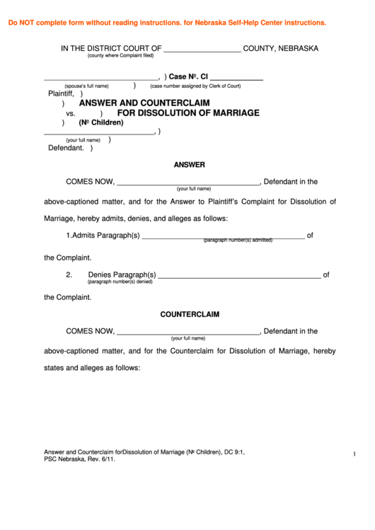 Fillable Answer And Counterclaim For Dissolution Of Marriage (No Children) - Nebraska District Court Printable pdf
