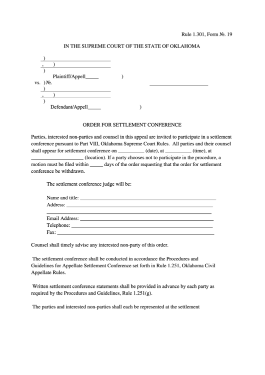Order For Settlement Conference Printable pdf