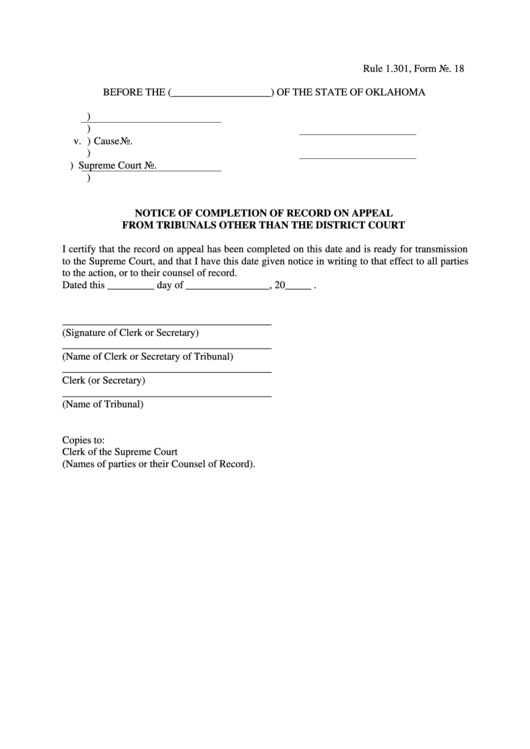 Notice Of Completion Of Record On Appeal From Tribunals Other Than The District Court Printable pdf