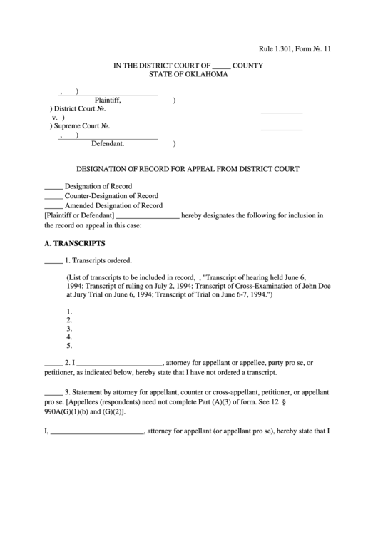 Designation Of Record For Appeal From District Court Printable pdf