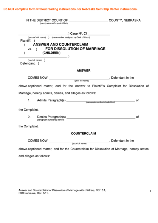Fillable Answer And Counterclaim For Dissolution Of Marriage (Children) - Nebraska District Court Printable pdf