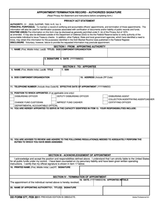 Fillable Dd Form 577 - Appointment Termination Record - Authorized Signature Printable pdf