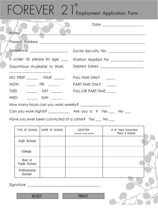 Fillable Forever 21 Employment Application Form Printable pdf