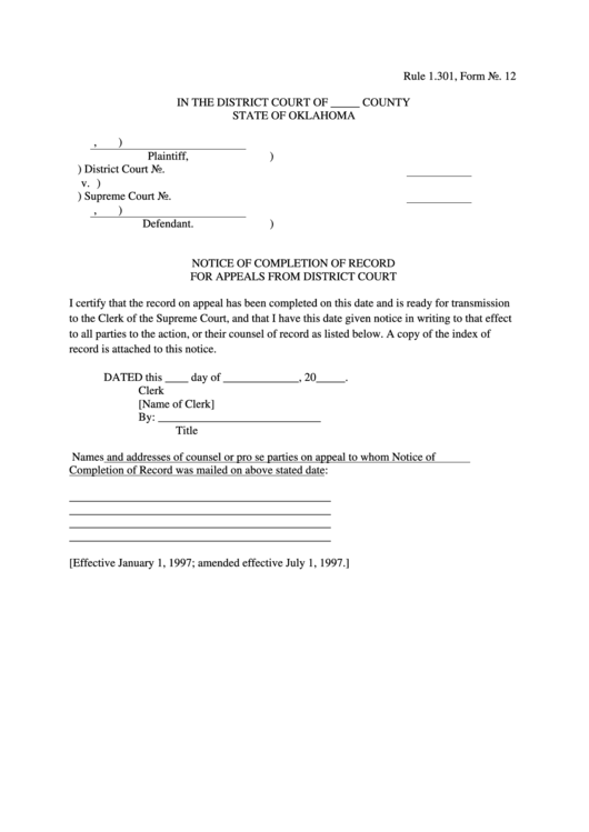Notice Of Completion Of Record For Appeals From District Court Printable pdf