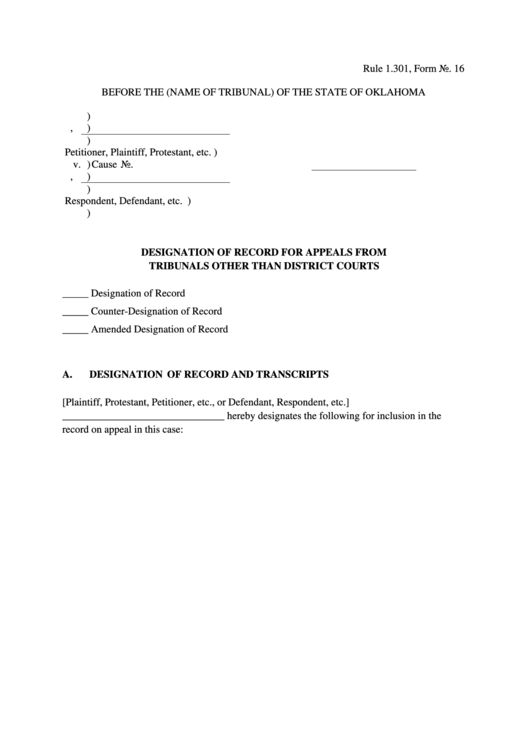 Designation Of Record For Appeals From Tribunals Other Than District Courts Printable pdf