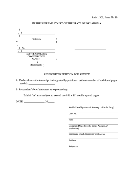 Form No. 10 - Response To Petition For Review - Supreme Court Of The State Of Oklahoma Printable pdf