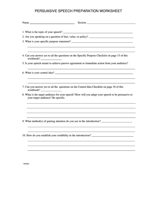 Persuasive Speech Preparation Worksheet