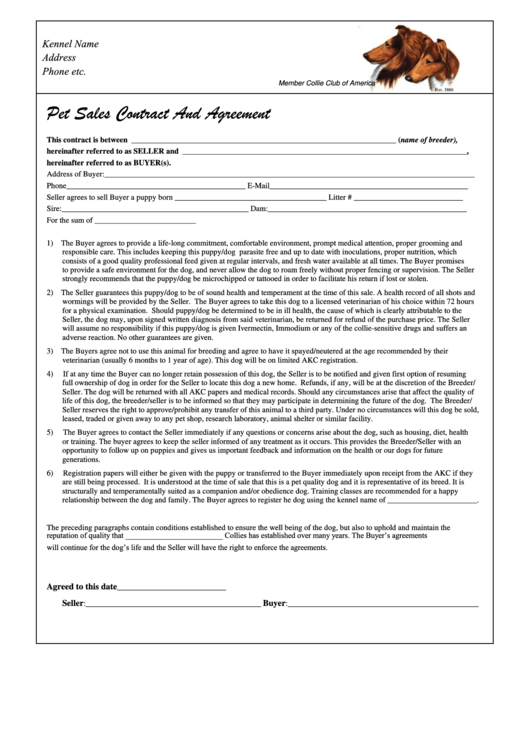 Pet Sales Contract And Agreement Template Printable pdf