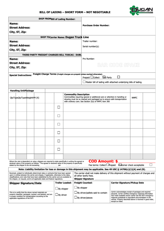 Bill Of Lading - Short Form - Not Negotiable Printable pdf