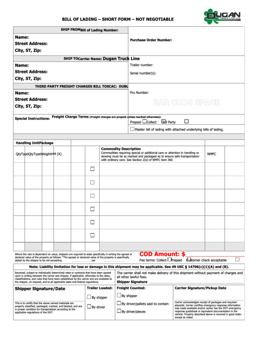 Bill Of Lading Short Form Not Negotiable Printable Pdf Download