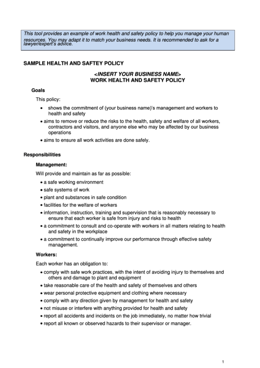 Sample Health And Saftey Policy Template Printable pdf