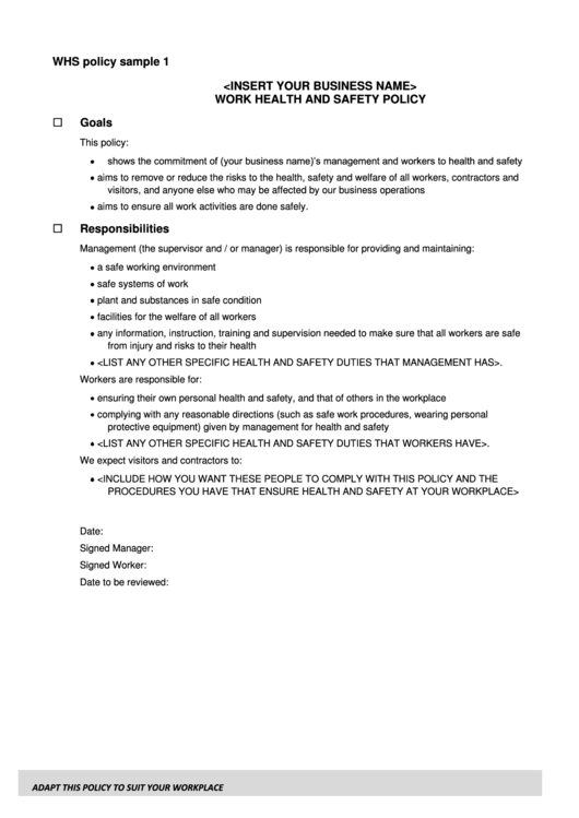 Work Health And Safety Policy Template Printable pdf