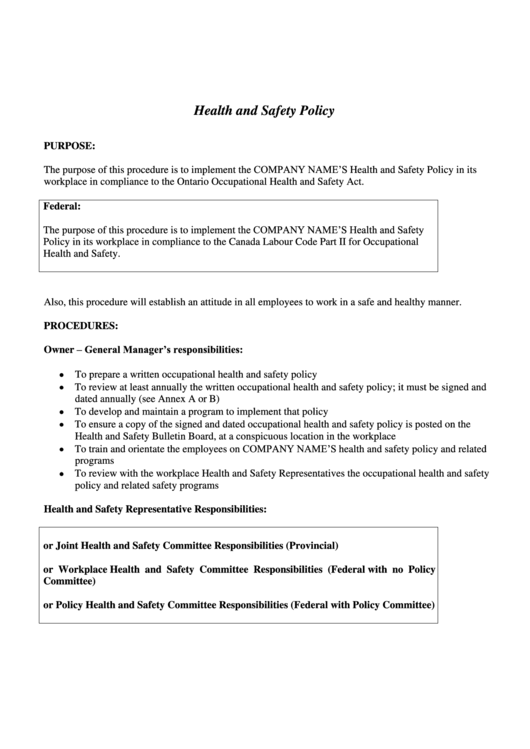 Health And Safety Policy Printable pdf