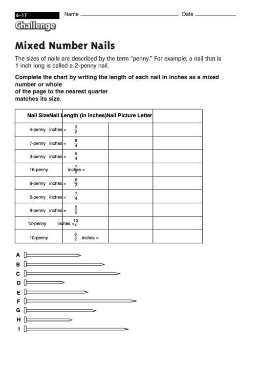 Mixed Number Nails Math Worksheet Printable pdf