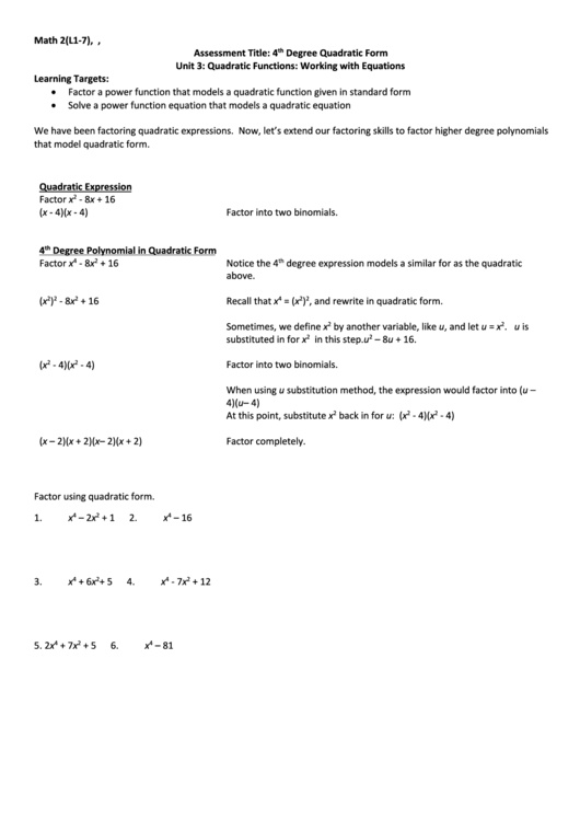 Quadratic Functions: Working With Equations Worksheet Printable pdf