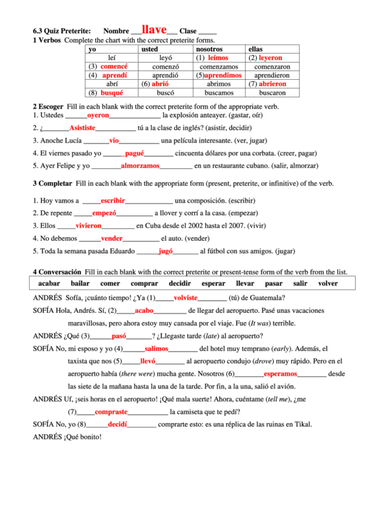 Spanish Quiz Template With Answer Key Printable Pdf Download