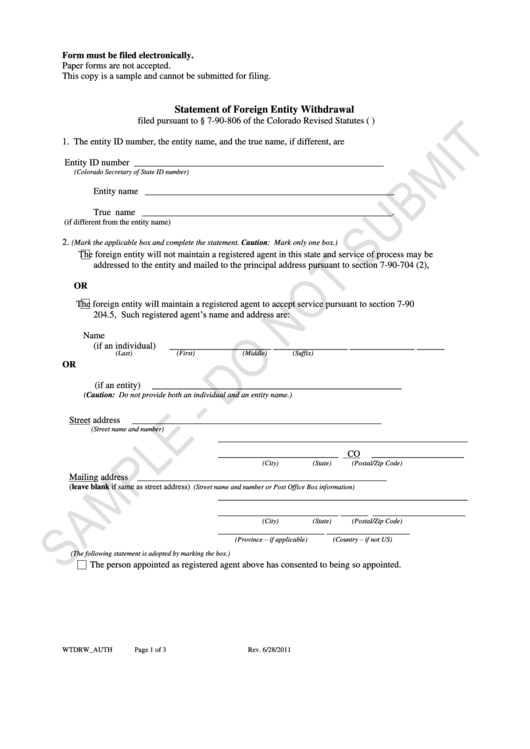 Statement Form Of Foreign Entity Withdrawal - Colorado Printable pdf