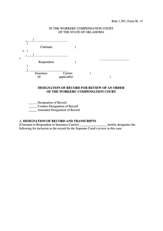 Designation Of Record For Review Of An Order Of The Workers Compensation Court Printable pdf