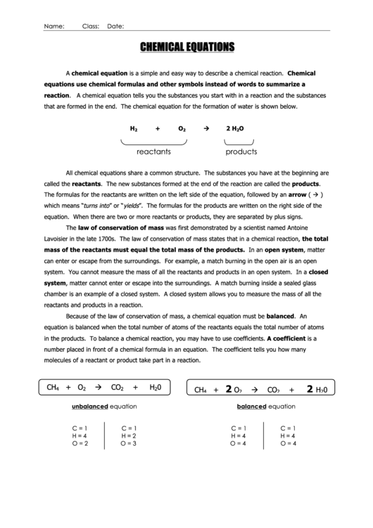 Review Questions - Chemical Equations Printable pdf