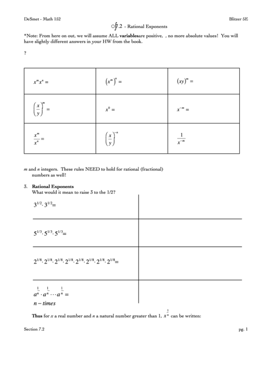 Rational Exponents Worksheet printable pdf download