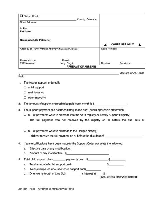 Fillable Affidavit Of Arrears Printable pdf