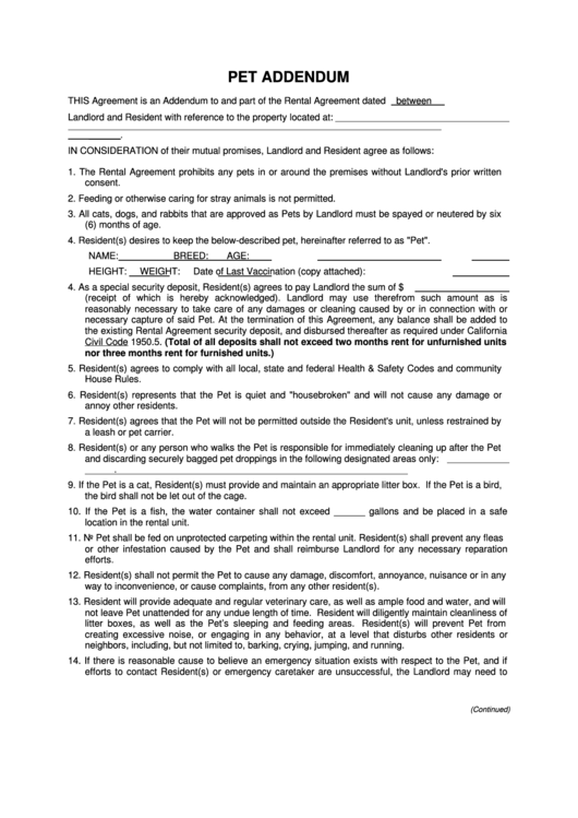 Pet Addendum To Lease Agreement Template