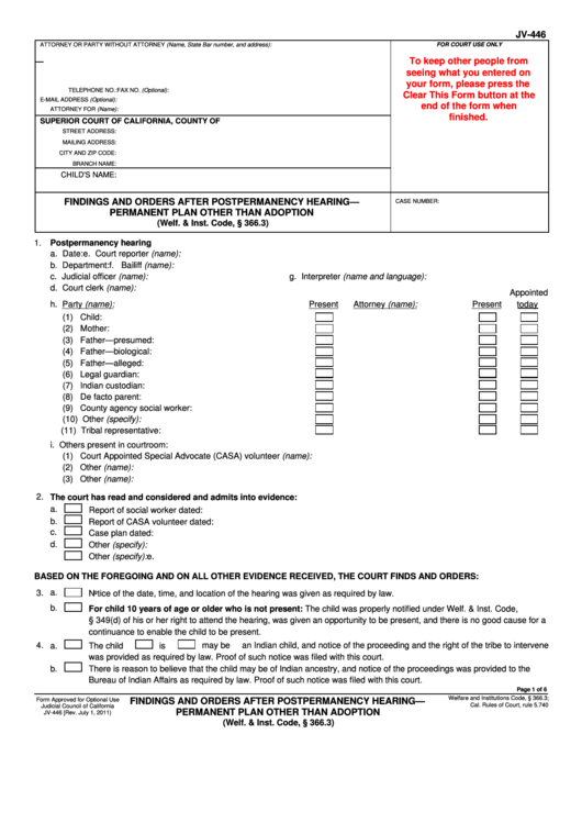 Fillable Jv-446 Form - Findings And Orders After Postpermanency Hearing Plan Other Than Adoption Printable pdf