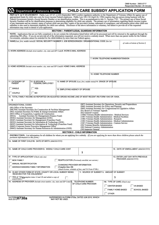 Fillable Va 0730a Child Care Subsidy Application Form Printable pdf