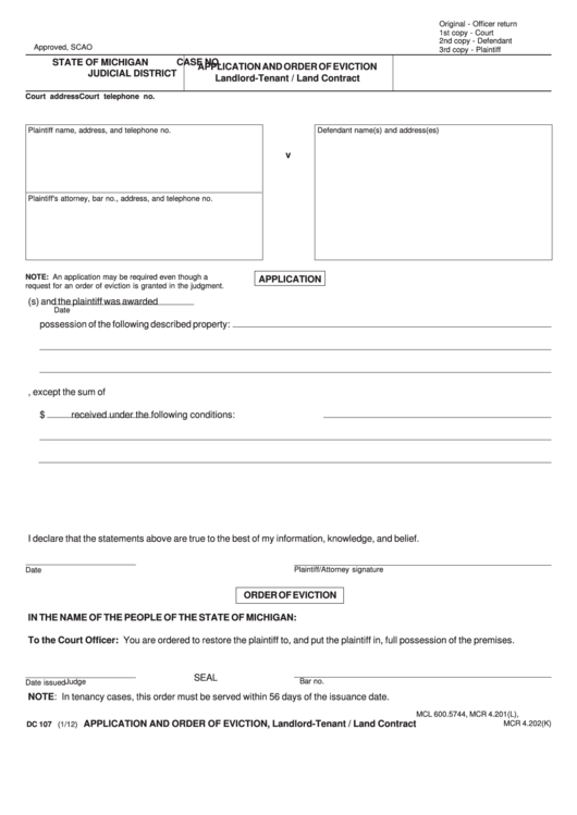 Fillable Application And Order Of Eviction Printable pdf