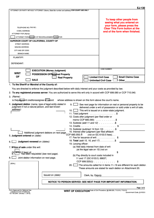 Fillable Form Ej-130 - Writ Of Execution/possession/sale Printable pdf