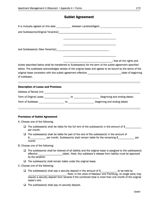 Fillable Sublet Agreement Printable pdf
