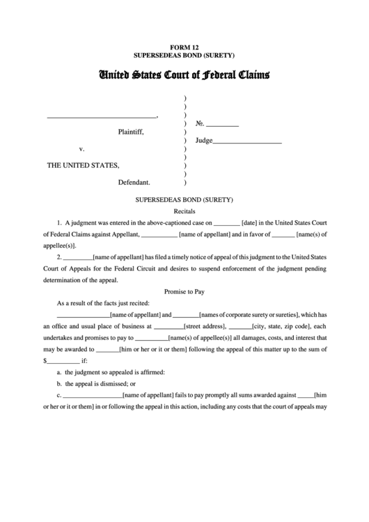 Fillable Form 12 - Supersedeas Bond (Surety) Printable pdf